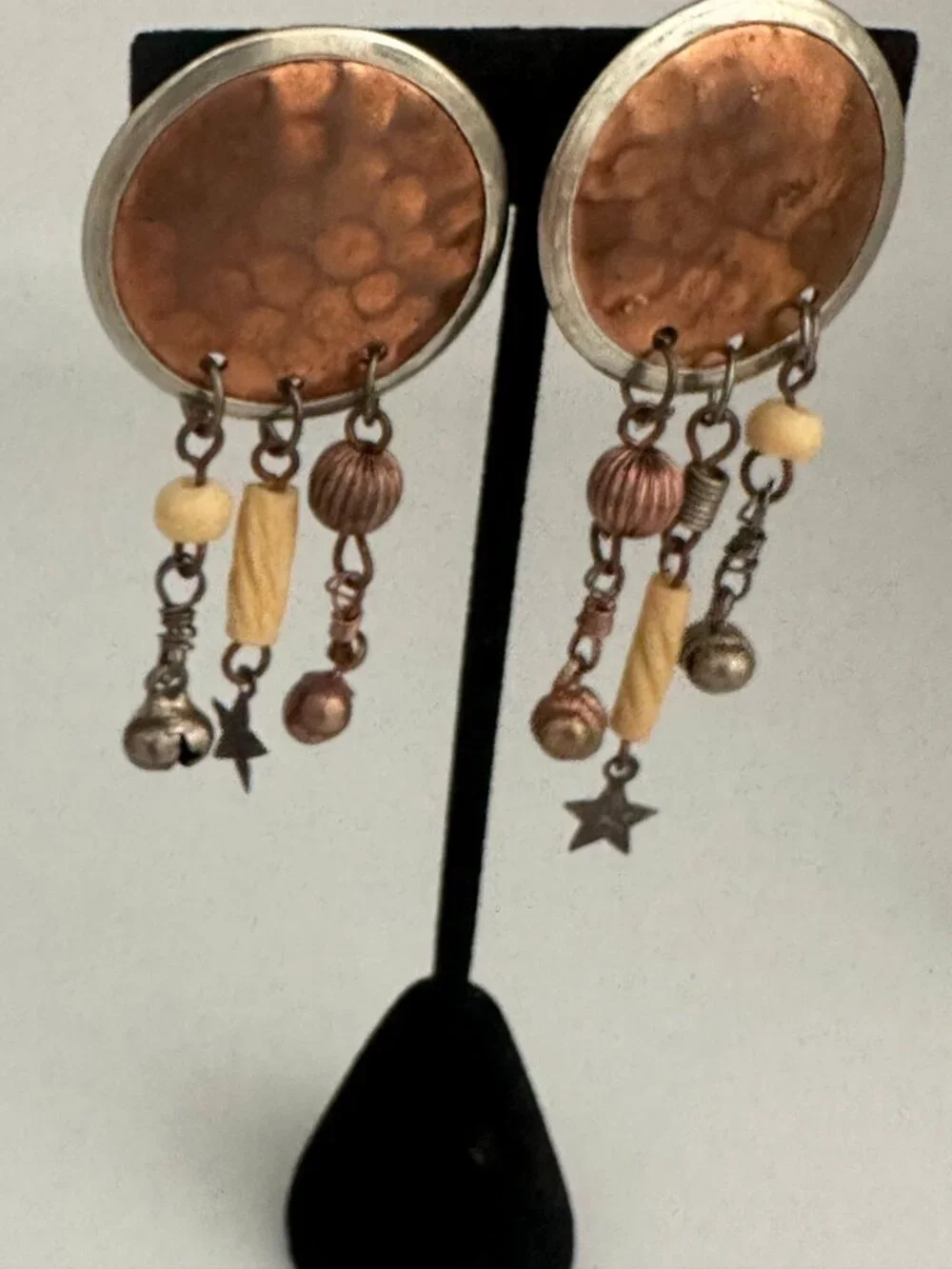 Vintage Artisan Copper Mixed Metal Asymmetrical Clip On Earrings 2.5